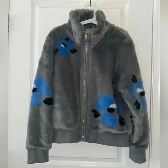 Marc New York Jackets & Blazers - Andrew Marc L Bomber Jacket New York Women's Faux Fur Grey Floral Blue